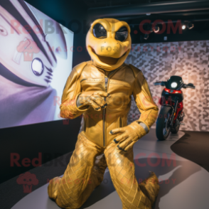 Gold Anaconda mascot costume character dressed with a Moto Jacket and Cummerbunds