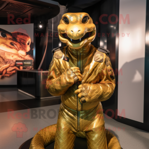 Gold Anaconda mascot costume character dressed with a Moto Jacket and Cummerbunds