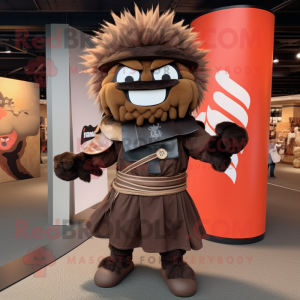 Brown Samurai mascot costume character dressed with a Henley Tee and Shoe clips