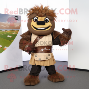 Brown Samurai mascot costume character dressed with a Henley Tee and Shoe clips
