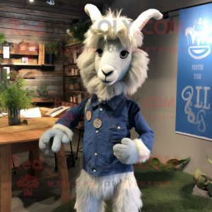 Navy Angora Goat mascot costume character dressed with a Chambray Shirt and Hairpins