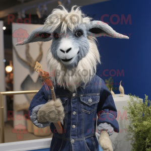 Navy Angora Goat mascot costume character dressed with a Chambray Shirt and Hairpins