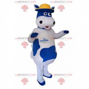 Mascota de la vaca azul y blanca con un sombrero amarillo -