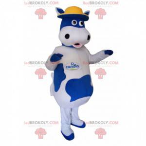 Mascote da vaca azul e branca com um chapéu amarelo -