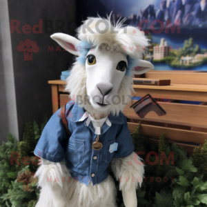 Navy Angora Goat mascot costume character dressed with a Chambray Shirt and Hairpins