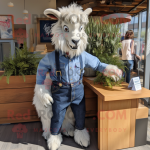 Navy Angora Goat mascot costume character dressed with a Chambray Shirt and Hairpins