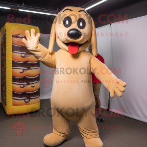 Tan Hot Dogs mascot costume character dressed with a T-Shirt and Suspenders