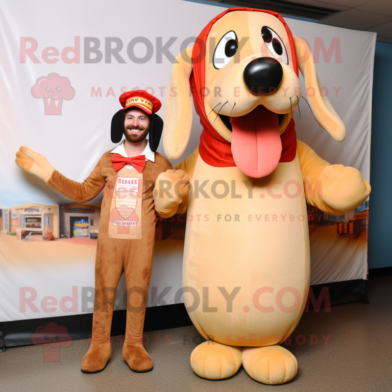 Tan Hot Dogs mascot costume character dressed with a T-Shirt and Suspenders Tan Hot Dogs mascot costume character dressed with a T-Shirt and Suspenders