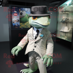 Cream Lizard mascot costume character dressed with a Suit Jacket and Caps