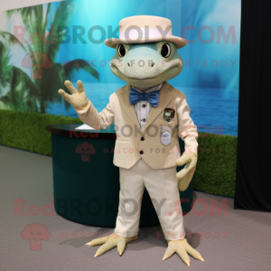 Cream Lizard mascot costume character dressed with a Suit Jacket and Caps