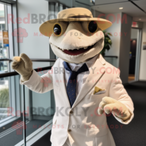 Cream Lizard mascot costume character dressed with a Suit Jacket and Caps
