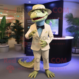 Cream Lizard mascot costume character dressed with a Suit Jacket and Caps