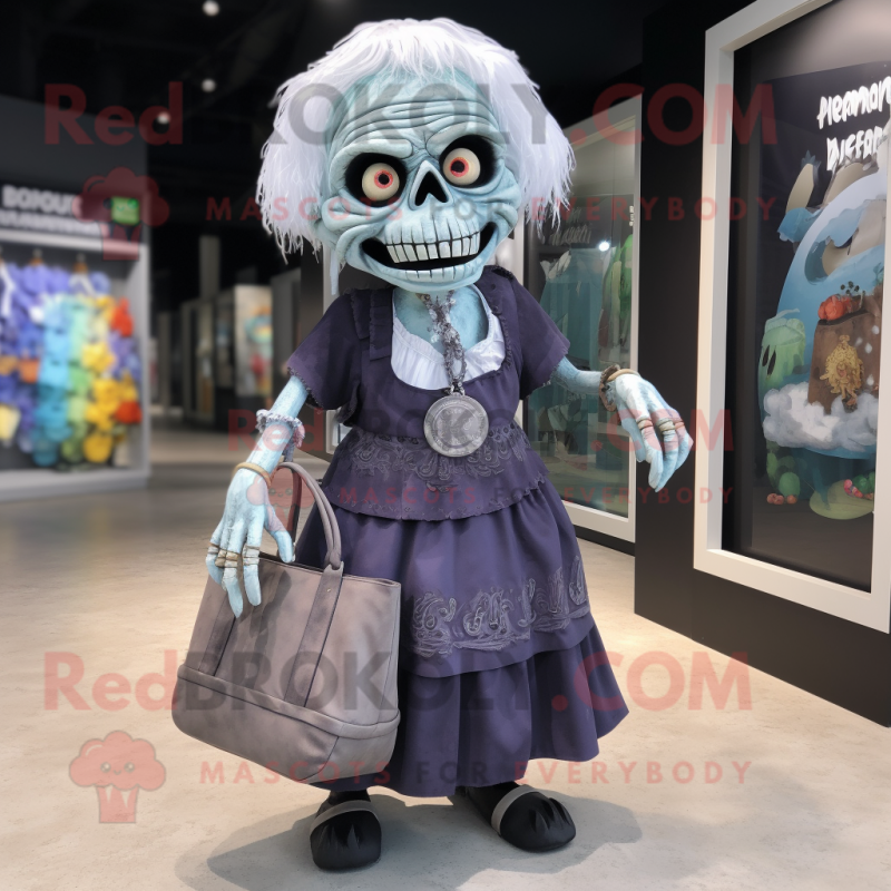 nan Undead mascot costume character dressed with a A-Line Skirt and Tote bags nan Undead mascot costume character dressed with a A-Line Skirt and Tote bags