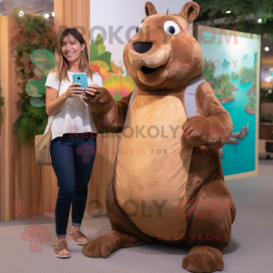 Brown Capybara mascot costume character dressed with a Mom Jeans and Messenger bags