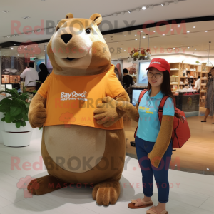 Brown Capybara mascot costume character dressed with a Mom Jeans and Messenger bags