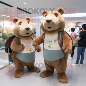 Brown Capybara mascot costume character dressed with a Mom Jeans and Messenger bags