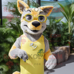 Lemon Yellow Thylacosmilus mascot costume character dressed with a Tank Top and Eyeglasses