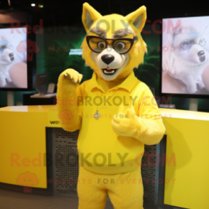 Lemon Yellow Thylacosmilus mascot costume character dressed with a Tank Top and Eyeglasses