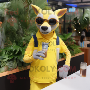 Lemon Yellow Thylacosmilus mascot costume character dressed with a Tank Top and Eyeglasses