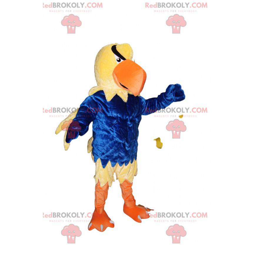 Mascota águila real con un traje de terciopelo azul -