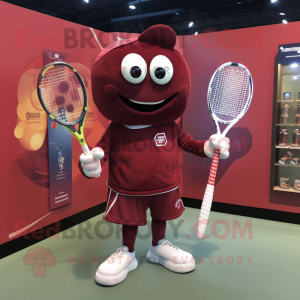 Maroon Tennis Racket mascot costume character dressed with a Sweatshirt and Shawl pins