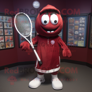 Maroon Tennis Racket mascot costume character dressed with a Sweatshirt and Shawl pins