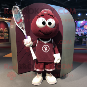 Maroon Tennis Racket mascot costume character dressed with a Sweatshirt and Shawl pins