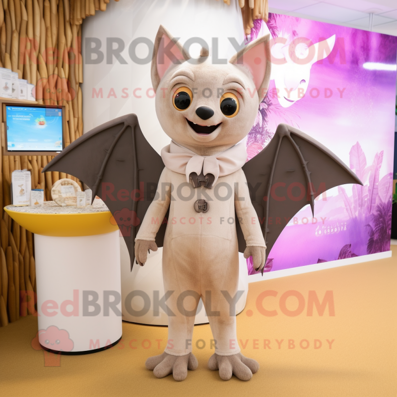Beige Fruit Bat mascot costume character dressed with a One-Piece Swimsuit and Earrings Beige Fruit Bat mascot costume character dressed with a One-Piece Swimsuit and Earrings