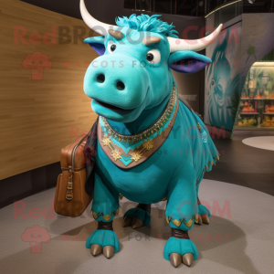 Turquoise Bull mascot costume character dressed with a Wrap Skirt and Messenger bags