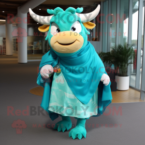 Turquoise Bull mascot costume character dressed with a Wrap Skirt and Messenger bags