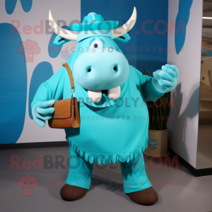Turquoise Bull mascot costume character dressed with a Wrap Skirt and Messenger bags