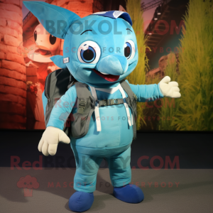 Cyan Swordfish mascot costume character dressed with a Dungarees and Backpacks
