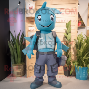 Cyan Swordfish mascot costume character dressed with a Dungarees and Backpacks
