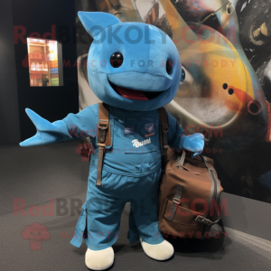 Cyan Swordfish mascot costume character dressed with a Dungarees and Backpacks