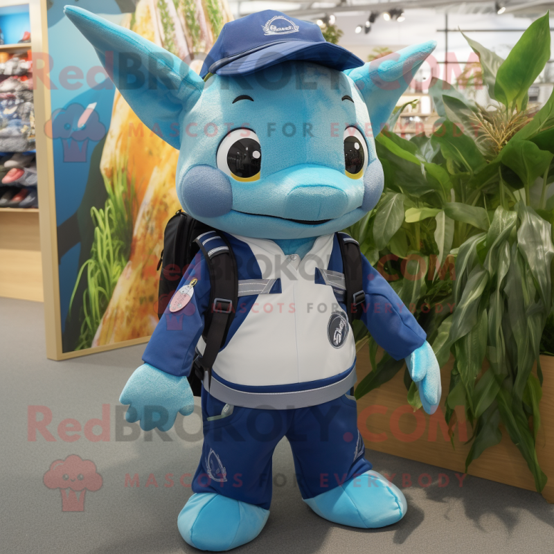 Cyan Swordfish mascot costume character dressed with a Dungarees and Backpacks