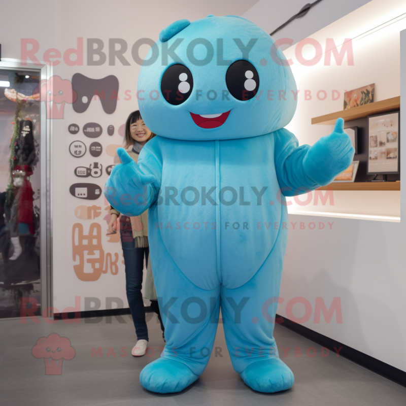 Cyan Miso Soup mascot costume character dressed with a Jumpsuit and Mittens Cyan Miso Soup mascot costume character dressed with a Jumpsuit and Mittens