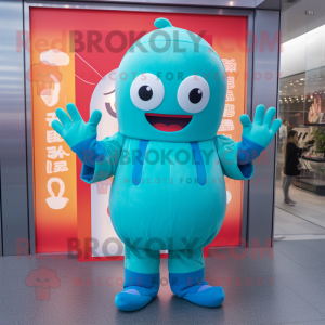 Cyan Miso Soup mascot costume character dressed with a Jumpsuit and Mittens