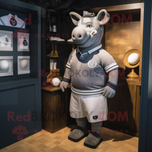 Gray Rhinoceros mascot costume character dressed with a Rugby Shirt and Cufflinks