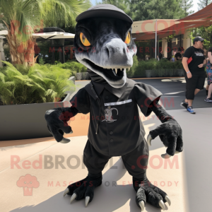 Black Velociraptor mascot costume character dressed with a Polo Tee and Scarf clips