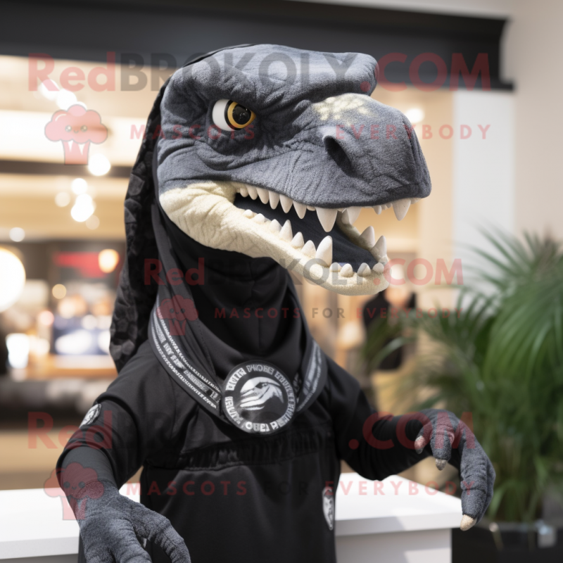 Black Velociraptor mascot costume character dressed with a Polo Tee and Scarf clips