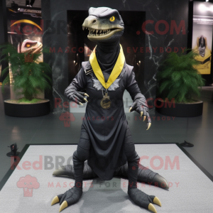 Black Velociraptor mascot costume character dressed with a Polo Tee and Scarf clips