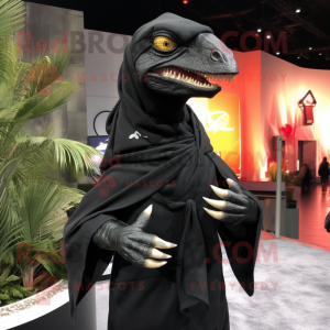 Black Velociraptor mascot costume character dressed with a Polo Tee and Scarf clips