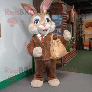 Brown Rabbit mascot costume character dressed with a Dress Shirt and Tote bags