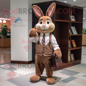 Brown Rabbit mascot costume character dressed with a Dress Shirt and Tote bags