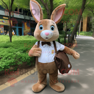 Brown Rabbit mascot costume character dressed with a Dress Shirt and Tote bags