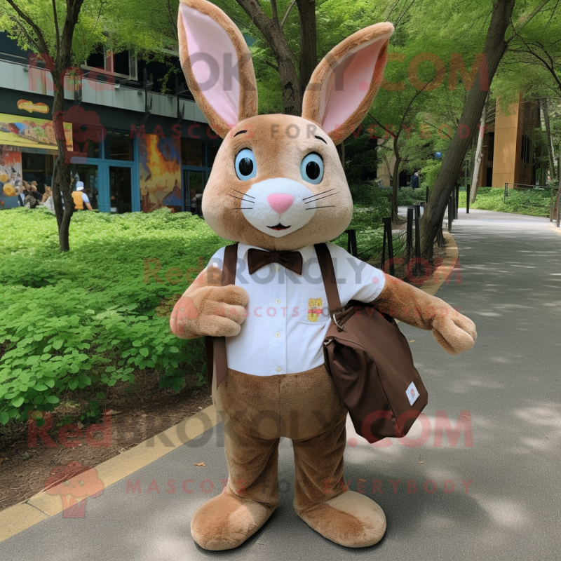 Brown Rabbit mascot costume character dressed with a Dress Shirt and Tote bags Brown Rabbit mascot costume character dressed with a Dress Shirt and Tote bags