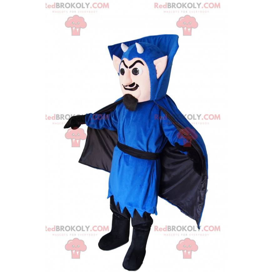 Vampiermascotte in blauwe outfit, met kleine hoorns -