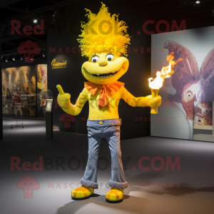 Yellow Fire Eater mascot costume character dressed with a Skinny Jeans and Handbags