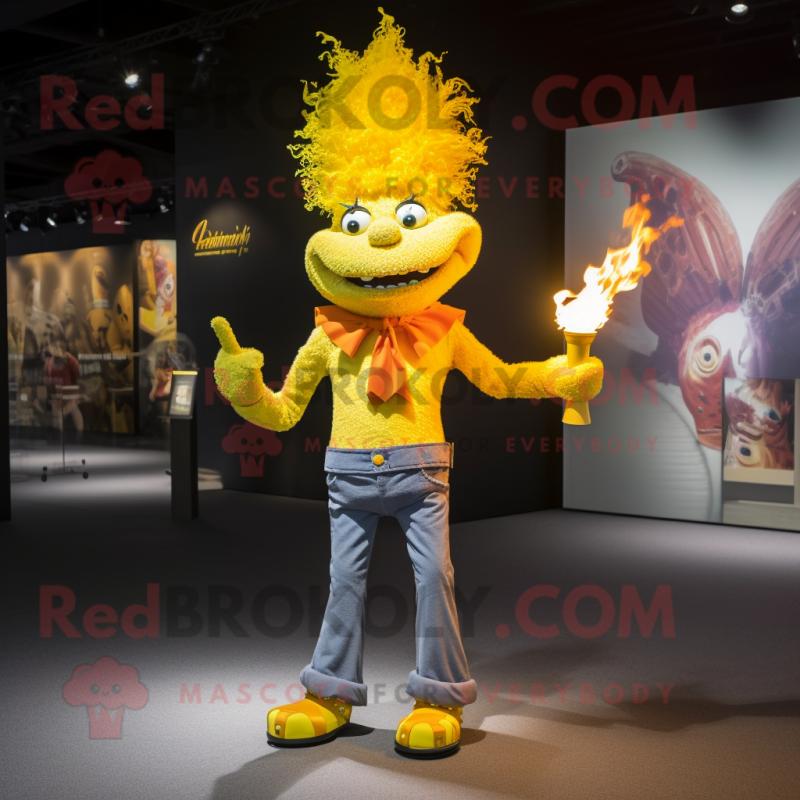 Yellow Fire Eater mascot costume character dressed with a Skinny Jeans and Handbags Yellow Fire Eater mascot costume character dressed with a Skinny Jeans and Handbags