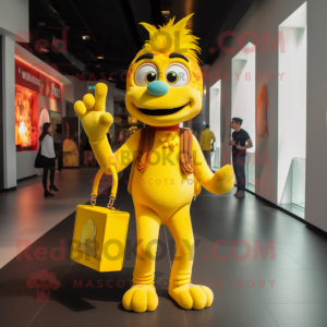 Yellow Fire Eater mascot costume character dressed with a Skinny Jeans and Handbags